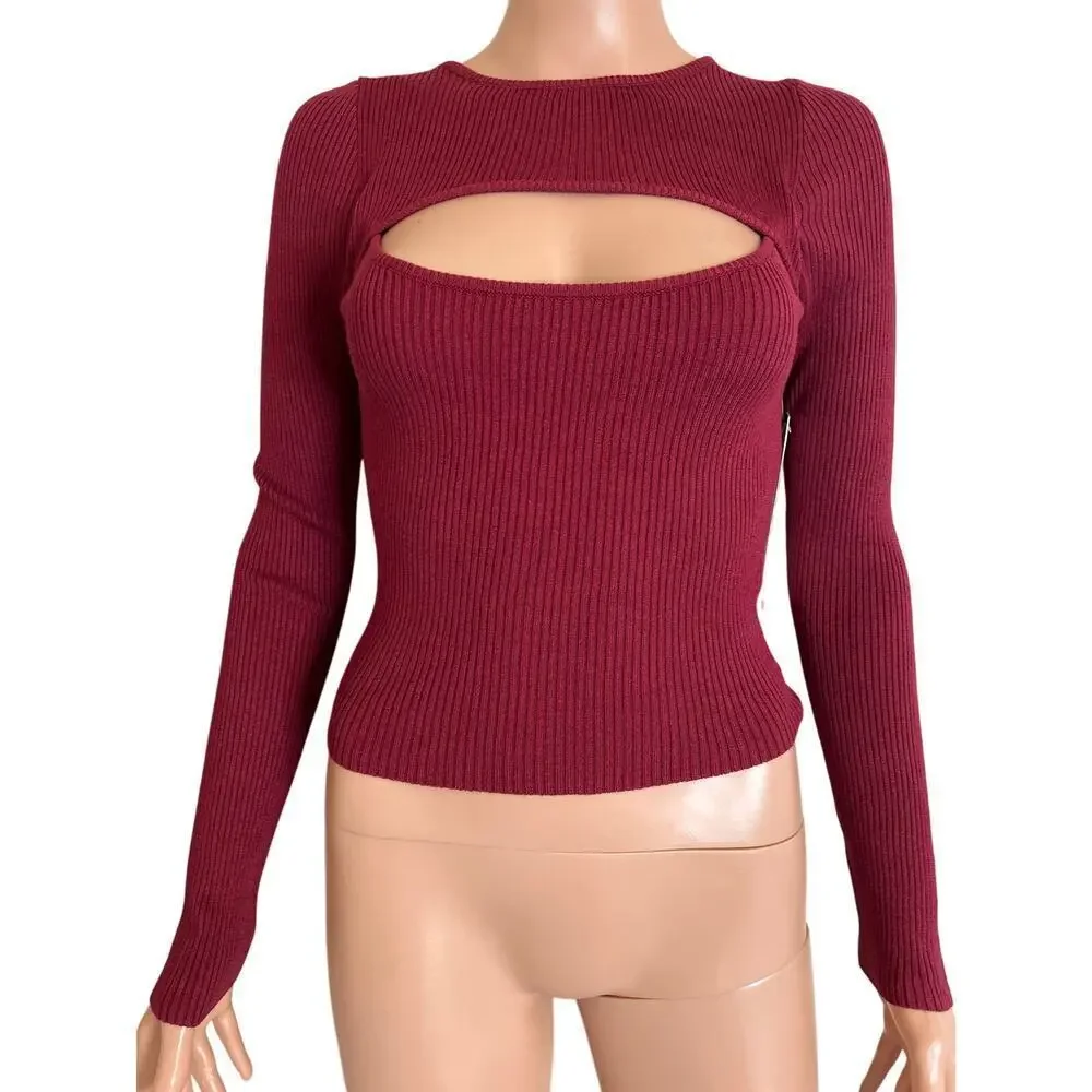 New Women's Cutout Long Sleeve Knitted Ribbed Pullover Sweater Jumper Top SZ XS - Picture 2 of 10